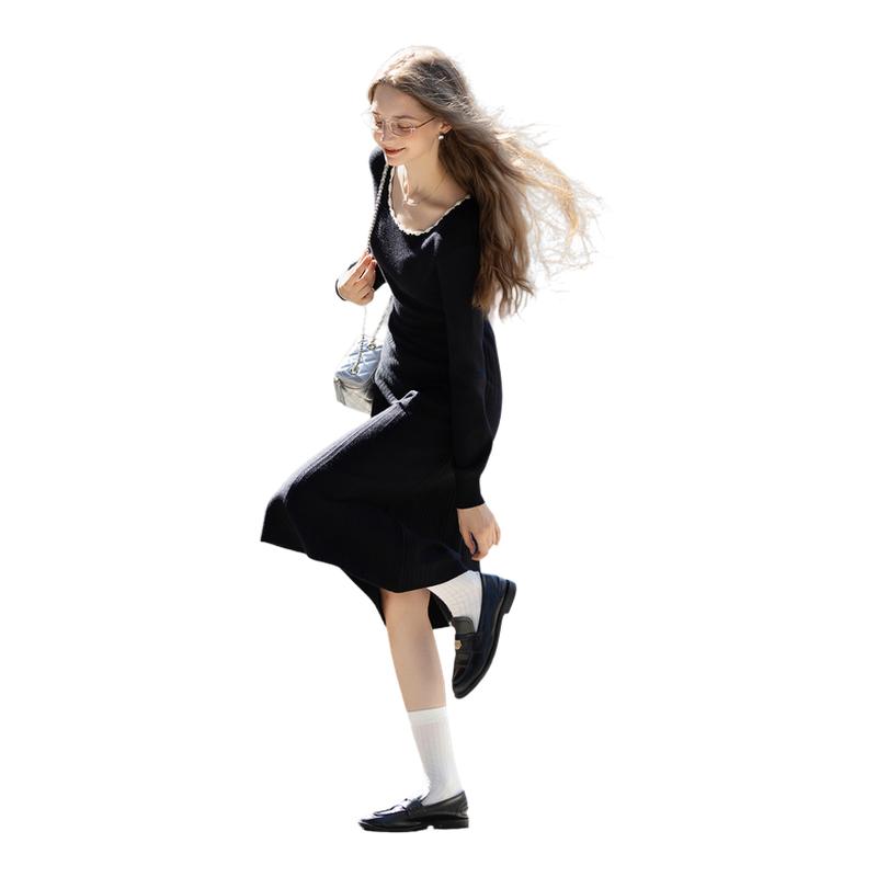 唐狮早秋优雅气质连衣裙温柔女贝