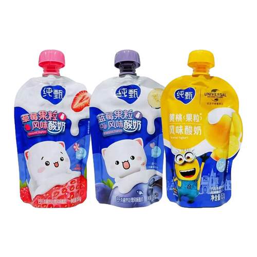 1月产蒙牛纯甄果粒酸奶黄桃草莓蓝莓风味酸奶自立袋150g*12袋