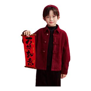 罗蒙男童红色外套加厚儿童灯芯绒加绒衬衫过年衣冬唐装中式拜年服