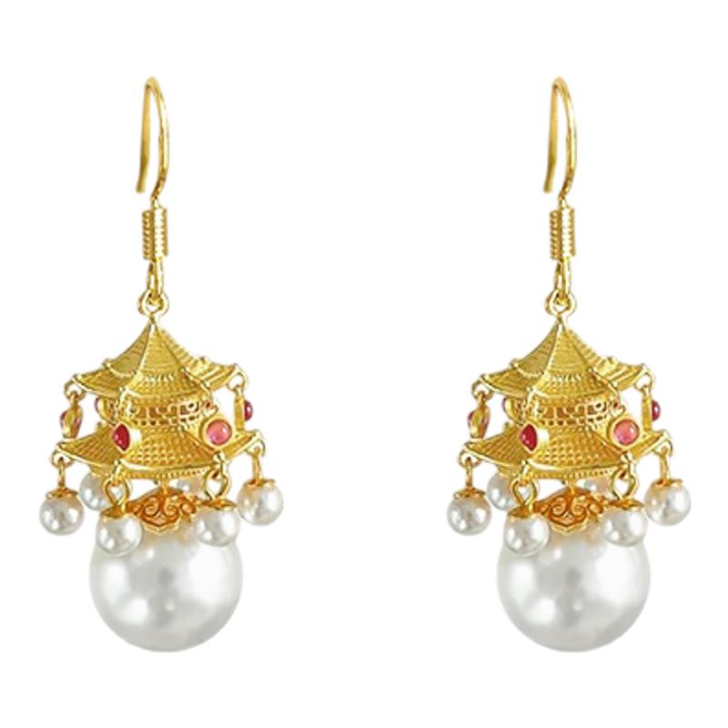 新中式六角楼阁耳环女