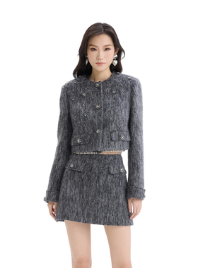 【明星同款】bebe2025秋冬新款女士烟灰色含羊毛格雷系外套440302