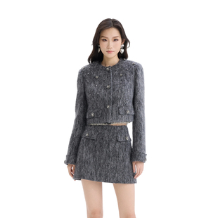 bebe2025秋冬新款 雷系短外套440302 女士烟灰色含羊毛百搭千金风格