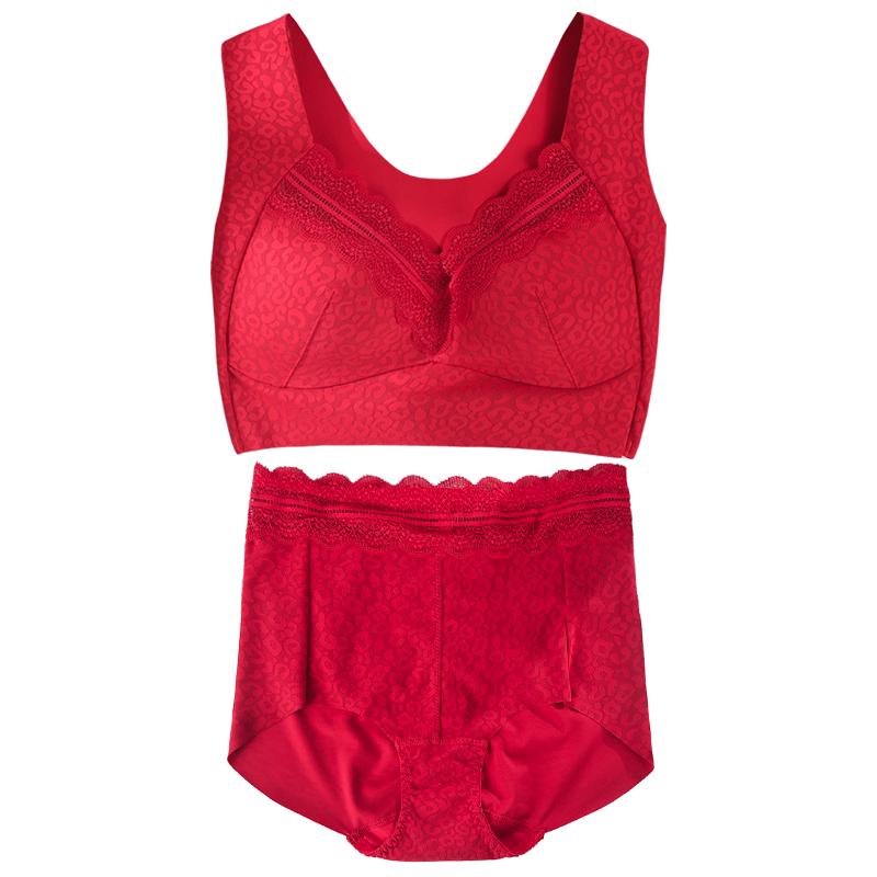 红色内衣套装属马本命年无钢圈大码胖mm无痕美背背心式文胸内裤女