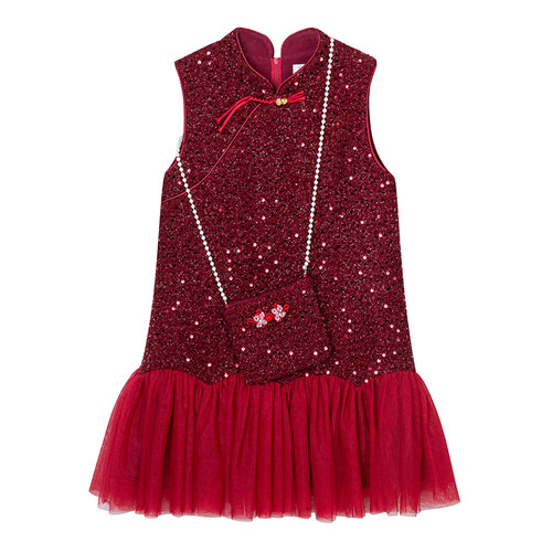 富罗迷公主裙女童连衣裙2025冬季新款过年圣诞红色周岁女宝礼服裙