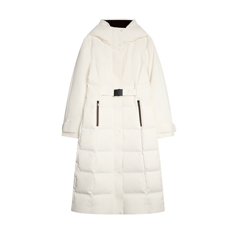 ELLE90鸭绒长款立领连帽羽绒服女