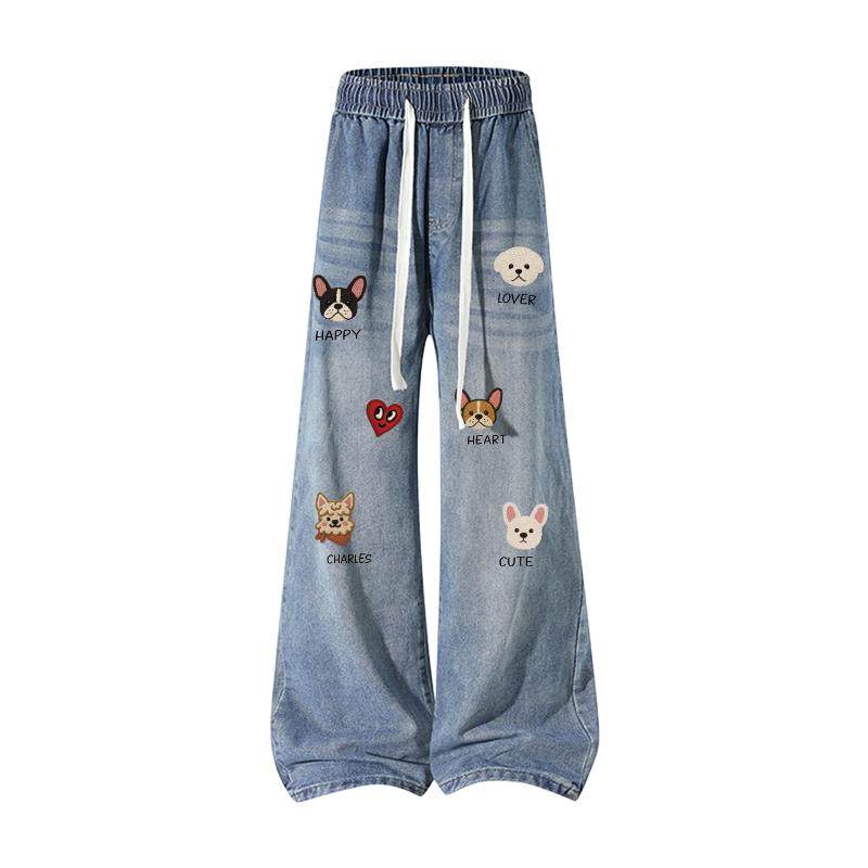 查尔斯桃心美式小狗印花牛仔裤男女冬季加绒加厚宽松直筒休闲长裤,男装,牛仔裤,淘宝优惠券,粉丝福利购,淘宝优惠卷