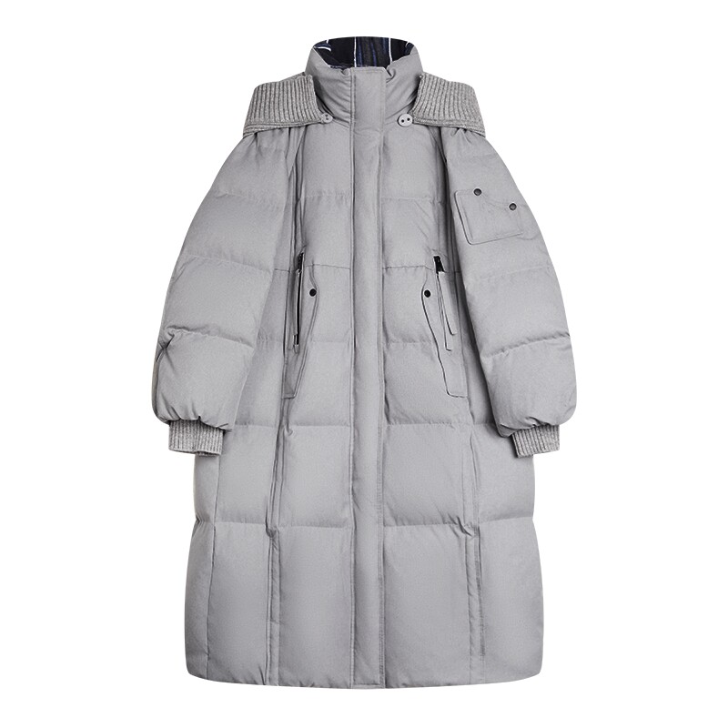 ELLE90白鸭绒针织拼接被子羽绒服女2025冬新款保暖加厚长款