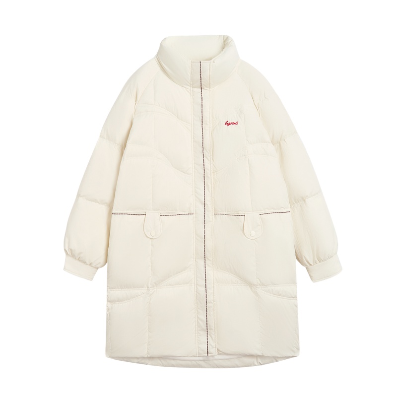 紫涵长款立领羽绒服女2025冬季新款宽松户外保暖米白茧型鸭绒外套