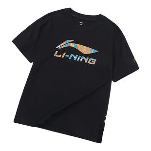 李宁童装凉爽T恤男女大童黑色舒适运动系列纯棉透气夏季运动短袖