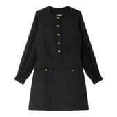 末6折SANDRO2025秋冬新款 女装 黑色拼接纱袖 季 扣饰短款 花呢连衣裙