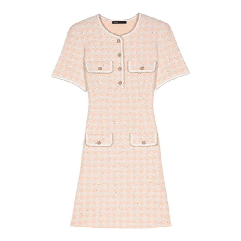 Maje2025秋冬女装复古时尚花呢粉色多巴胺格纹圆领短袖针织连衣裙,女装/女士精品,连衣裙,淘宝优惠券,粉丝福利购,淘宝优惠卷