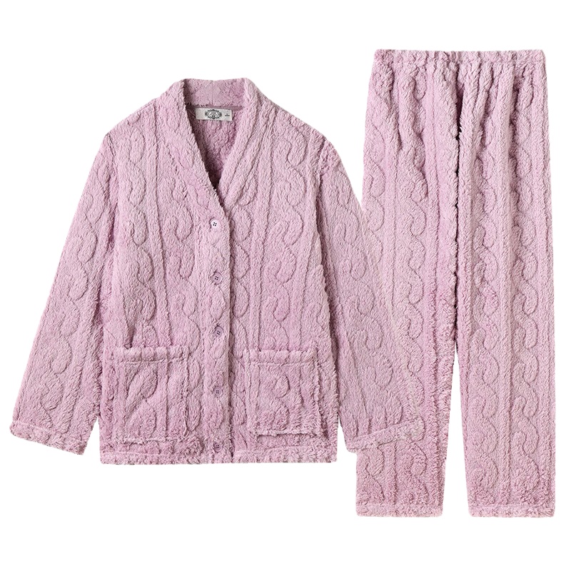 美标新款法兰绒保暖睡衣套装女士