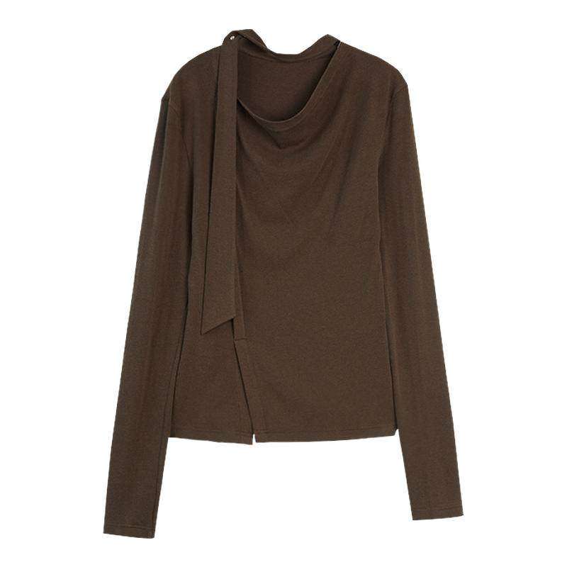 ELLE咖啡色复古磨毛长袖T恤女2025冬季新款飘带领设计感打底