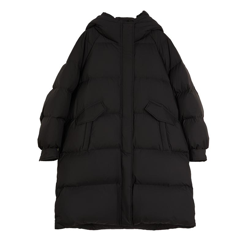 90鹅绒黑色中长款连帽鹅绒服ELLE