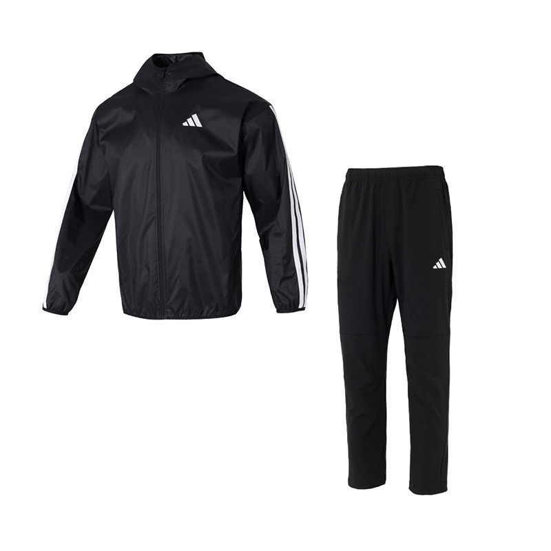 Adidas阿迪达斯黑色运动套装2026春季新款针织外套长裤两件套男装