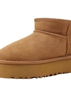 艾斯臣真皮雪地靴女新款冬短筒厚底轻便增高短靴加厚加绒保暖棉鞋