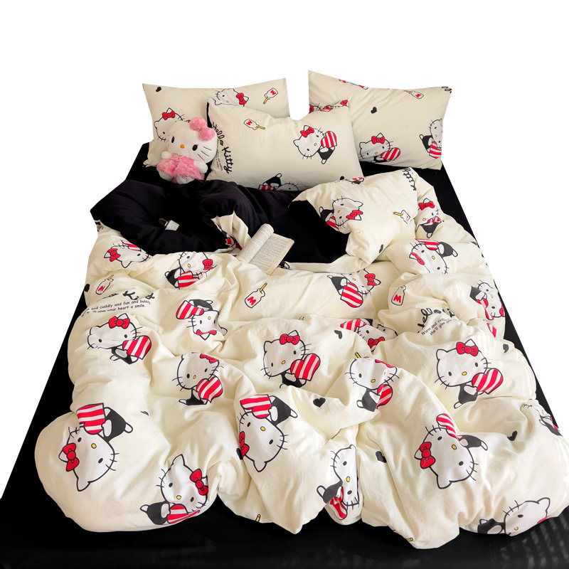 三丽鸥KT猫水洗棉床上四件套卡通儿童被套床单笠非全棉纯棉三件套