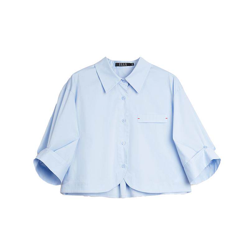 ELLE法式通勤风短款蓝衬衫女