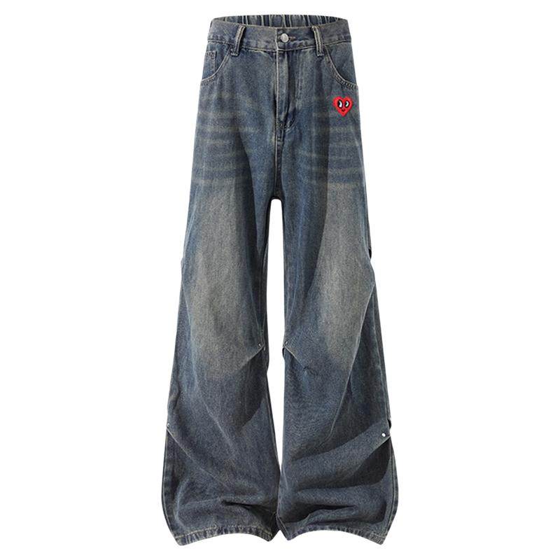 查尔斯桃心复古牛仔裤男秋冬季铆钉拼接设计感磨白水洗阔腿长裤子 - 百亿补贴品牌优选出品