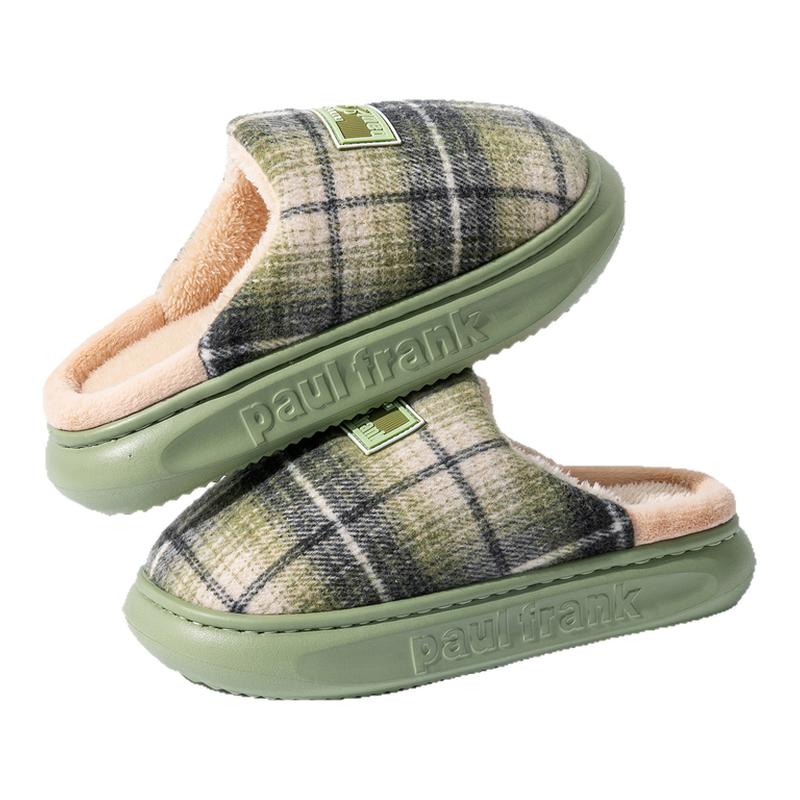 棉拖鞋男冬防滑厚底格子条纹