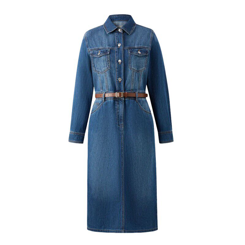 【100%棉】Eland衣恋衬衫裙女复古H型落肩牛仔连衣裙夏季新款