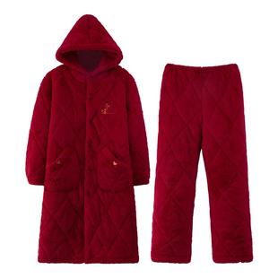 猫人红色珊瑚绒三层夹棉情侣睡衣男女冬款 加厚加绒本命年结婚睡袍