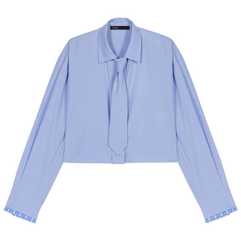 Maje博主同款秋冬女装法式时尚袖口拼接棉质短款长袖蓝色衬衫上衣,女装/女士精品,衬衫,淘宝优惠券,粉丝福利购,淘宝优惠卷