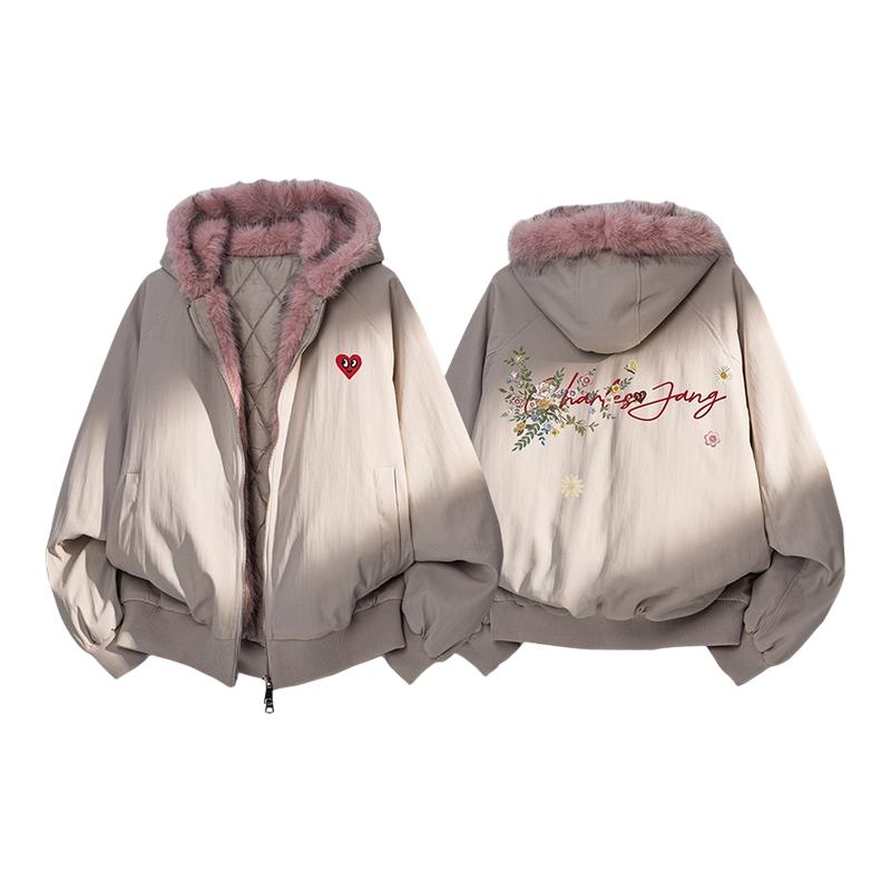 查尔斯桃心毛领座山雕连帽棉衣男