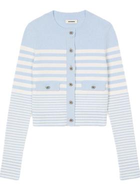 SANDRO2025秋冬女装法式气质蓝白撞色条纹圆领修身上衣针织开衫