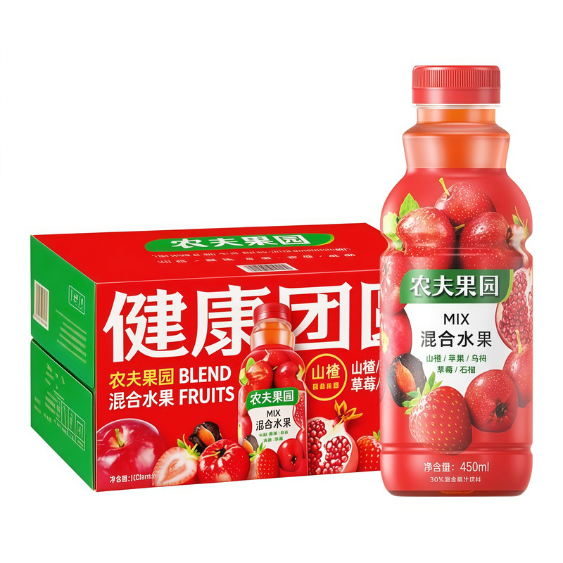 农夫果园山楂混合果汁450ml*15瓶整箱30%混合果汁饮料苹果凤梨味