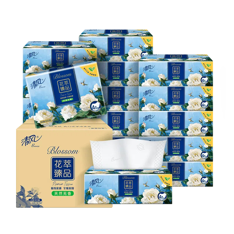 清风纸巾4层100抽原木纯品抽纸厚柔实惠装纸抽餐巾纸卫生纸面巾纸