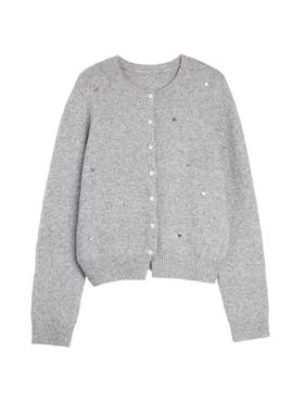 ELLE格雷系灰色亮片针织开衫女2025冬季新款绵羊毛设计感休闲毛衣