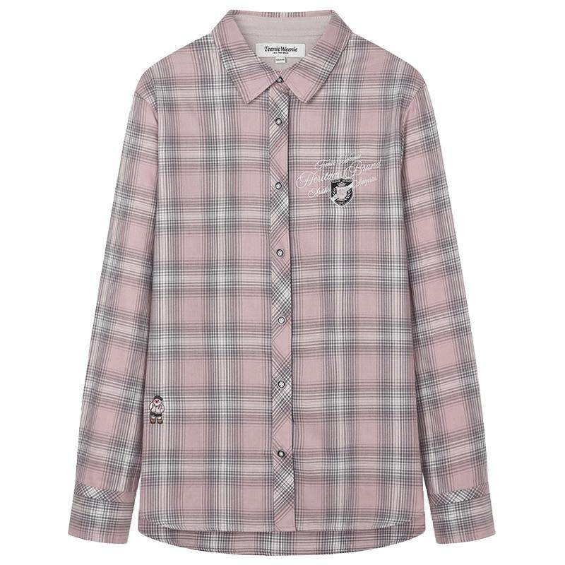 TeenieWeenie小熊奥莱女装冬装粉格纹长袖衬衫松弛感灰色上衣女,女装/女士精品,衬衫,淘宝优惠券,粉丝福利购,淘宝优惠卷