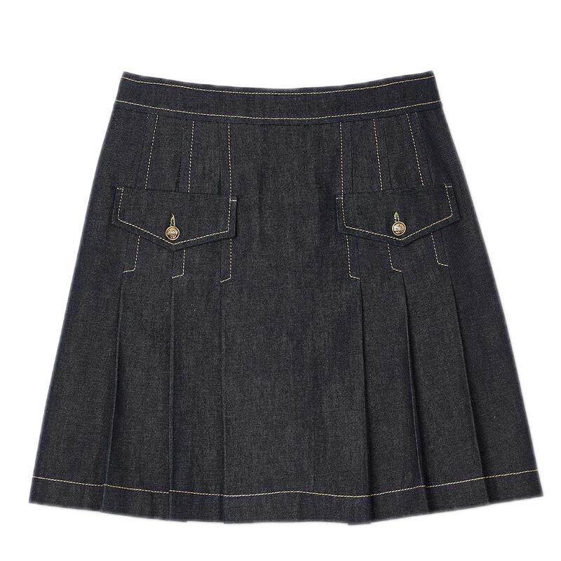 SANDRO秋冬女装法式气质时尚棉质深蓝色金属扣牛仔A字百褶半身裙