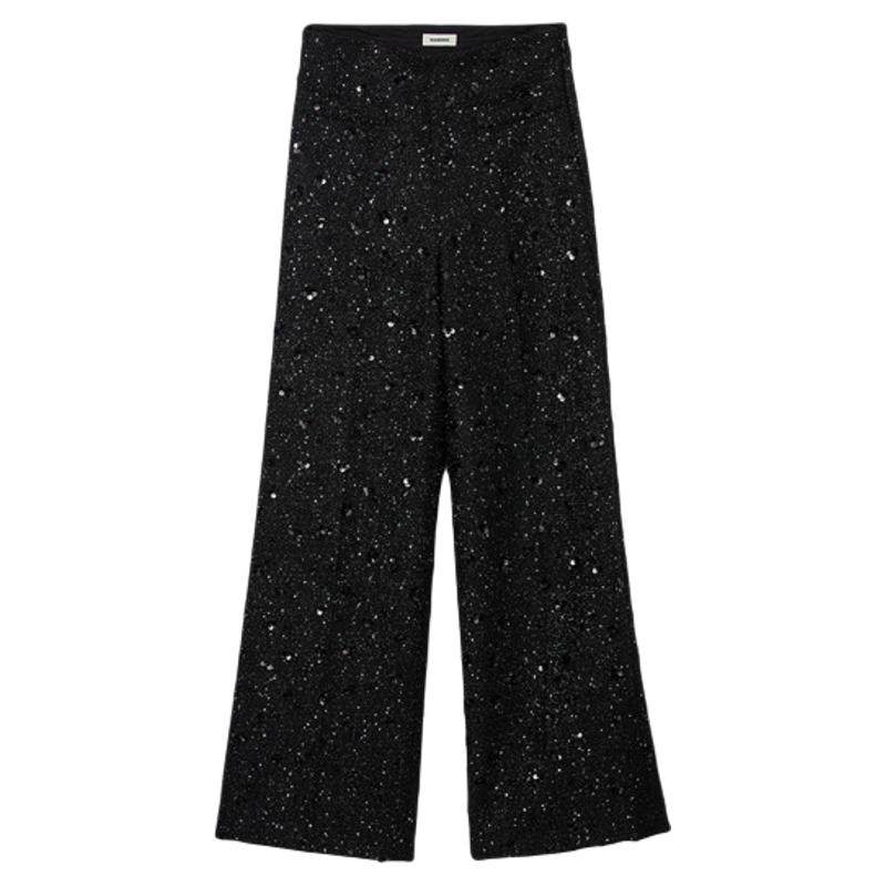 季末6折SANDRO2025秋冬新款女装法式黑色细闪粗花呢微喇阔腿裤,女装/女士精品,休闲裤,淘宝优惠券,粉丝福利购,淘宝优惠卷