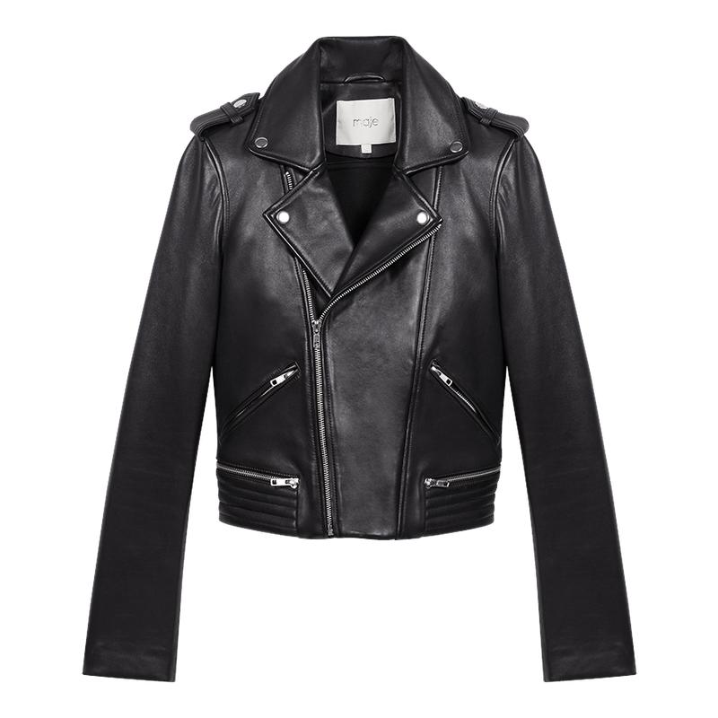 Maje翻驳领机车夹克皮衣短款外套