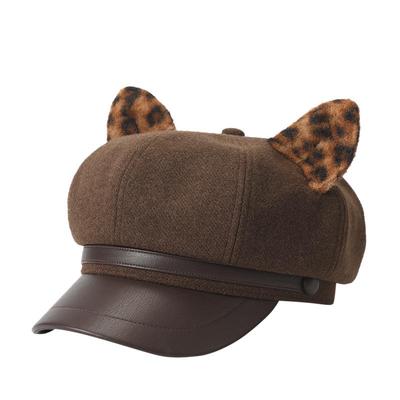 畹町时尚豹纹猫耳拼接八角帽