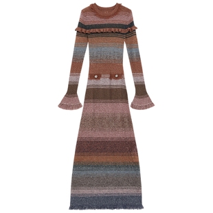 优雅流苏连衣裙430913 修身 bebe2025秋冬新款 女士含羊驼毛喇叭袖