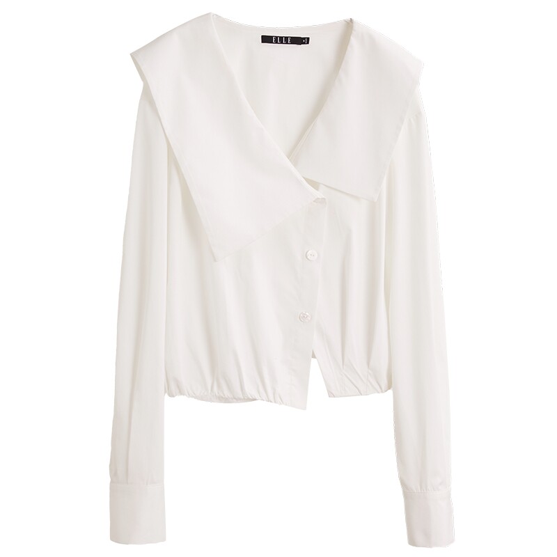 ELLE白色法式不规则大翻领衬衫女2025秋装新款设计感简约小众