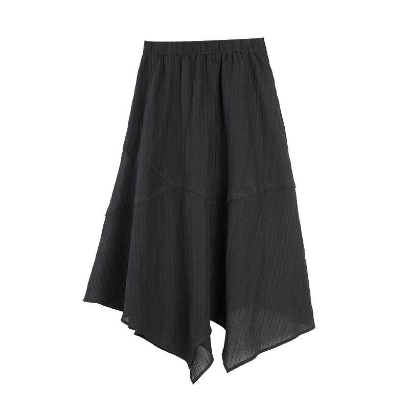 ELLE黑色不规则褶皱感半身裙女2025夏新款显瘦休闲苎麻垂坠感