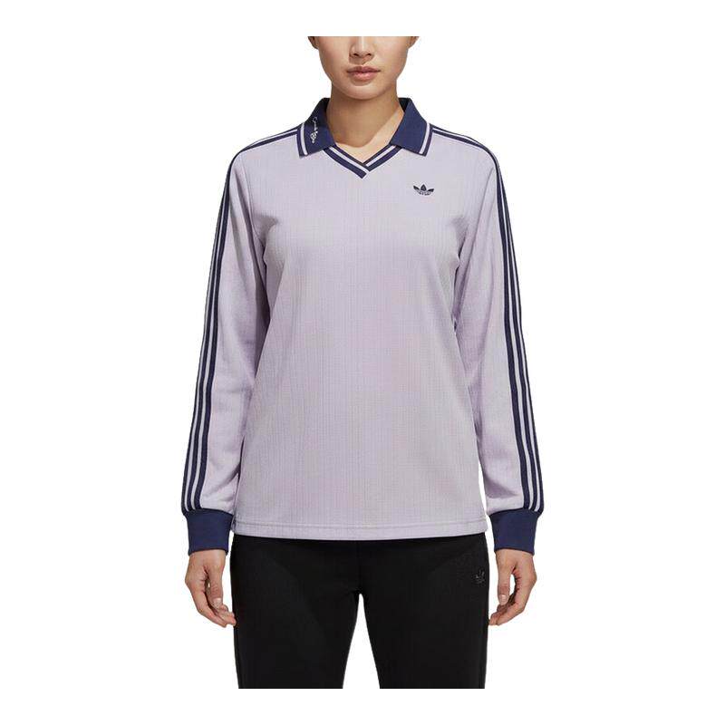 adidas阿迪达斯三叶草V领紫色T恤2026春女长袖翻领POLO衫 KY5733
