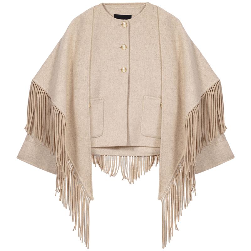 可拆卸流苏披肩 经典圆领领口设计