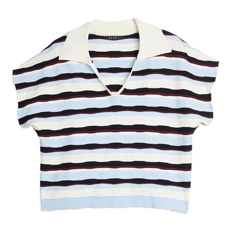 ELLE条纹撞色航海针织短袖女2025夏新款优雅慵懒显瘦小众T恤