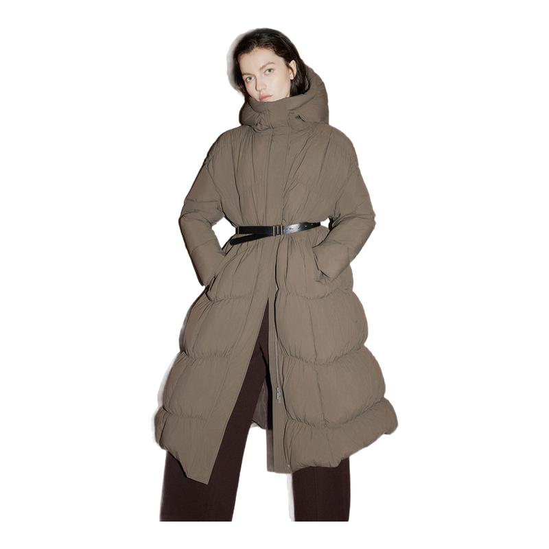ELLE90白鸭绒咖色连帽长款羽绒服