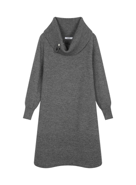 LILY冬新款女装格雷系设计感不对称大翻领直筒针织连衣裙女款
