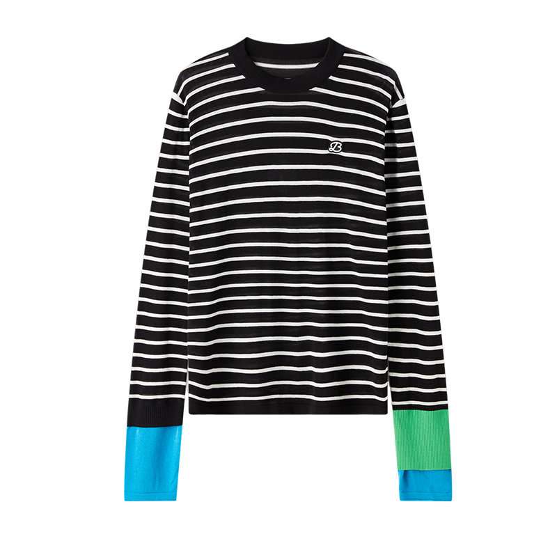 云上生活【奥利针织衫】撞色条纹莱赛尔羊毛针织衫春季套头衫上衣