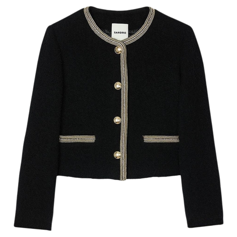 SANDRO秋冬女装法式优雅气质黑色仿钻领口门襟竖排扣短款外套上衣,女装/女士精品,短外套,淘宝优惠券,粉丝福利购,淘宝优惠卷