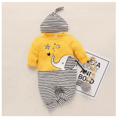 PatPat Cute Elephant Print Stripe Splice Jumpsuit and Hat Set for Baby Boy / Baby Girl-Z