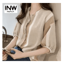 INWPLLR Women's Fashion Short Sleeve Striped Blouse Summer Casual V-neck Ladies Shirts Korean Women Tops Plus Size