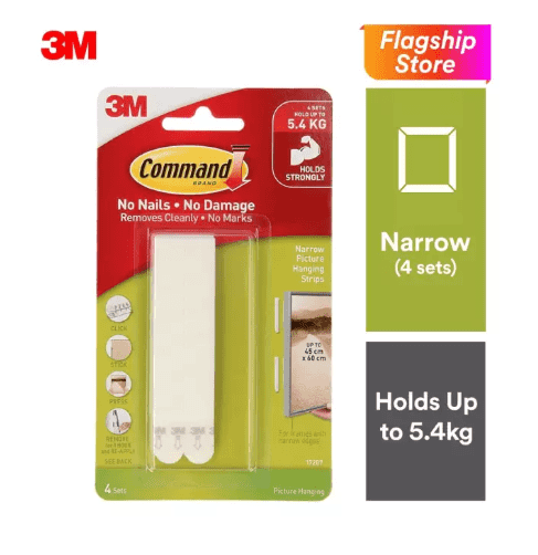 3M Command White Narrow Picture Hanging Strips (Holds Up To 5.4kg) (4 sets/pack) Wall Adhesive